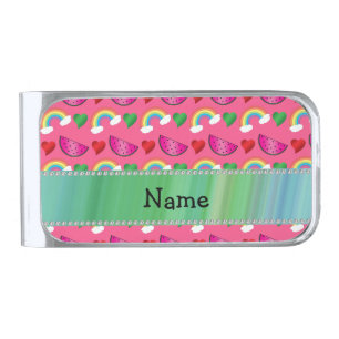 Custom name pink watermelons rainbows hearts silver finish money clip
