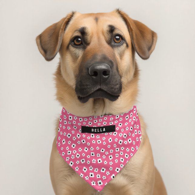 Custom Name Pink White Flower Pattern Pet Bandana Collar (Dog 2)