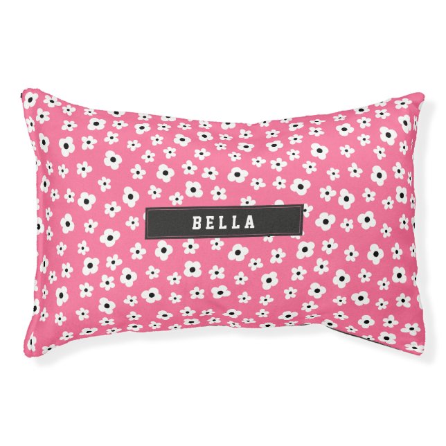 Custom Name Pink White Flower Pattern Pet Bed (Front)