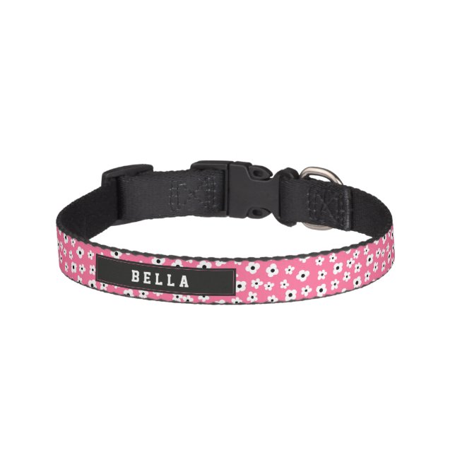 Custom Name Pink White Flower Pattern Pet Collar (Front)