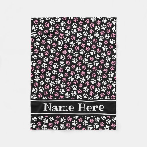 Custom name pink white on black paw print pattern fleece blanket