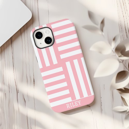 Custom Name Pink White Simple Nautical Stripes iPhone 15 Pro Max Case