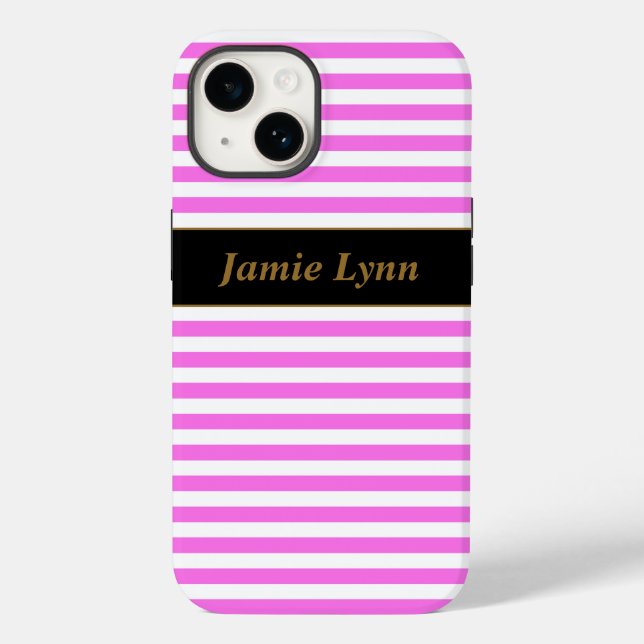 Custom Name Pink/White Stripes Case-Mate iPhone Case (Back)