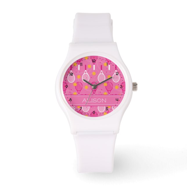 Custom name Pink & white tennis racket pattern  Watch (Front)