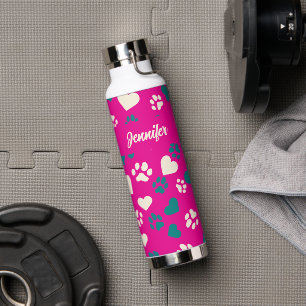  Custom Name Pink with Teal & Cream Paw Prints Water Bottle