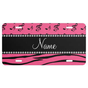 Custom name pink zebra stripes pink music notes license plate