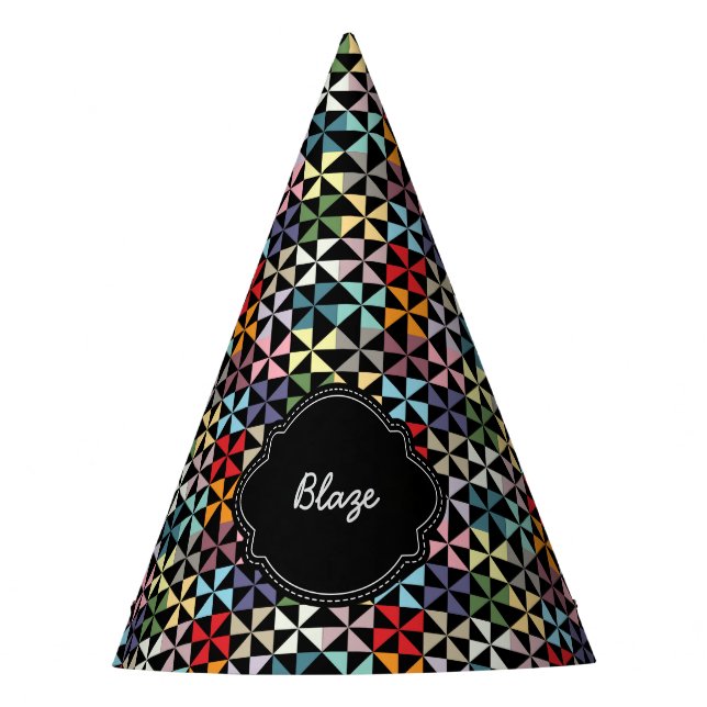 Custom Name Pinwheel Pattern Black Party Hat (Front)