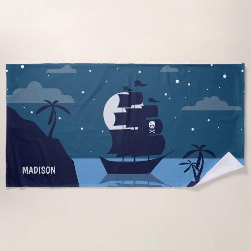 Custom name Pirate Ship beach towel