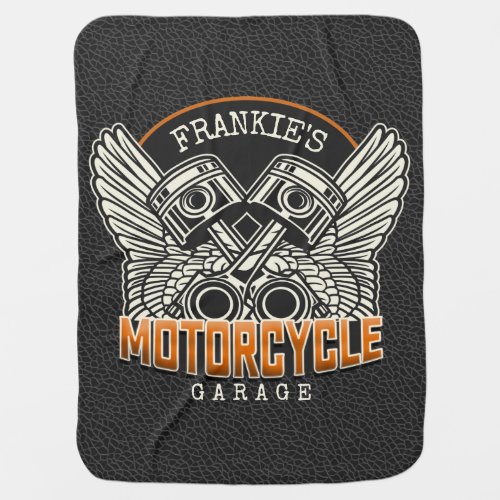 Custom NAME Pistons Wings Motorcycle Biker Garage Baby Blanket