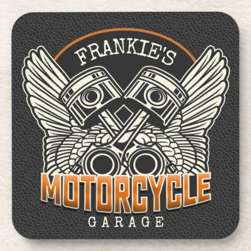 Custom NAME Pistons Wings Motorcycle Biker Garage Beverage Coaster