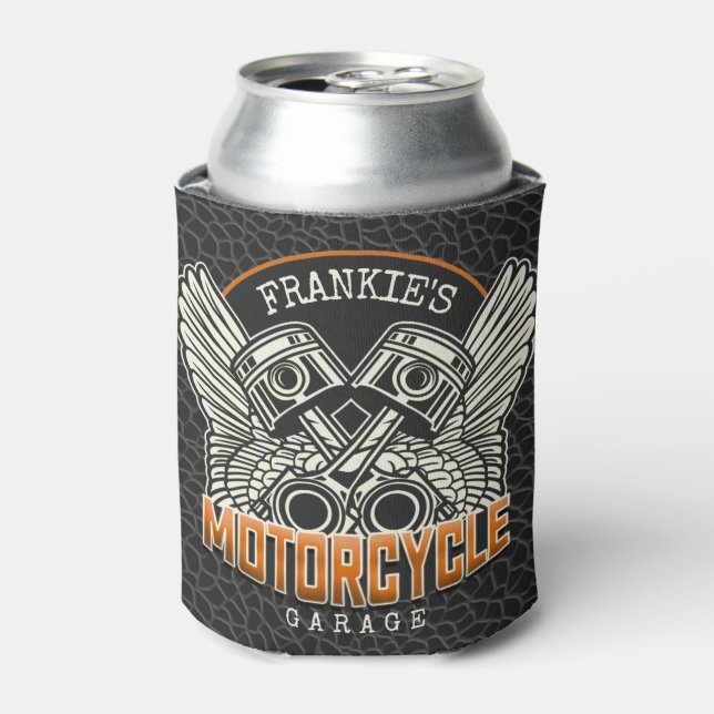 Custom NAME Pistons Wings Motorcycle Biker Garage Can Cooler (Can Front)