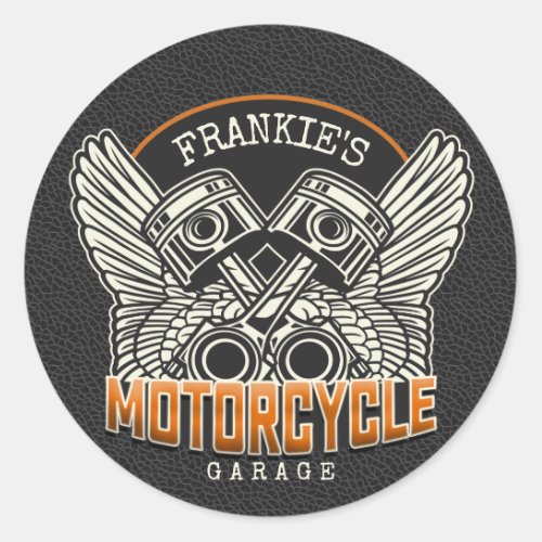 Custom NAME Pistons Wings Motorcycle Biker Garage Classic Round Sticker