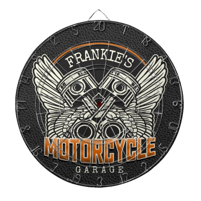 Custom NAME Pistons Wings Motorcycle Biker Garage Dart Board (Front)