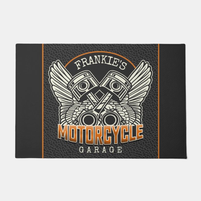 Custom NAME Pistons Wings Motorcycle Biker Garage Doormat (Front)