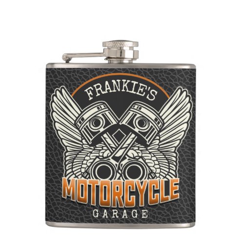 Custom NAME Pistons Wings Motorcycle Biker Garage Flask
