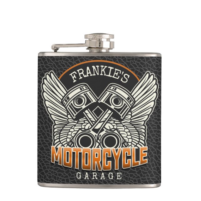 Custom NAME Pistons Wings Motorcycle Biker Garage Flask (Front)