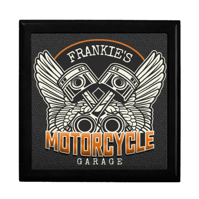 Custom NAME Pistons Wings Motorcycle Biker Garage Gift Box (Front)