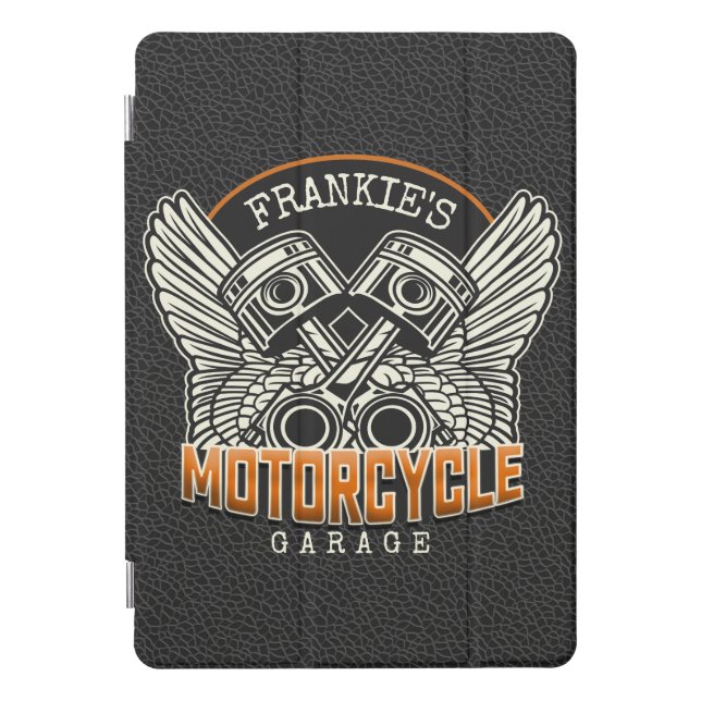 Custom NAME Pistons Wings Motorcycle Biker Garage iPad Pro Cover (Front)