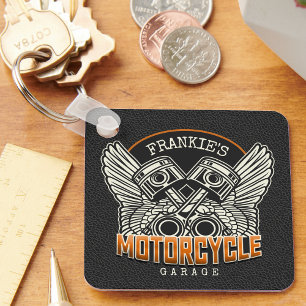 Custom NAME Pistons Wings Motorcycle Biker Garage Keychain