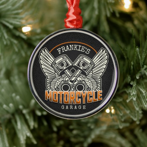 Custom NAME Pistons Wings Motorcycle Biker Garage Metal Ornament