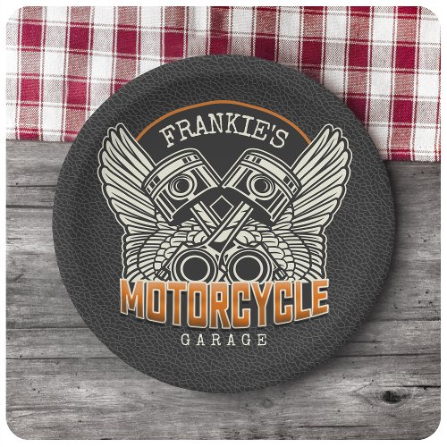 Custom NAME Pistons Wings Motorcycle Biker Garage Paper Plates