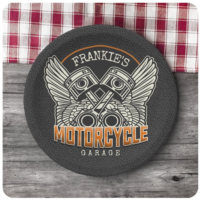 Custom NAME Pistons Wings Motorcycle Biker Garage Paper Plates (Creator Uploaded)