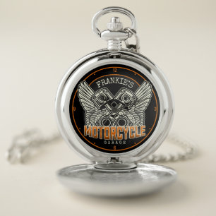 Custom NAME Pistons Wings Motorcycle Biker Garage Pocket Watch