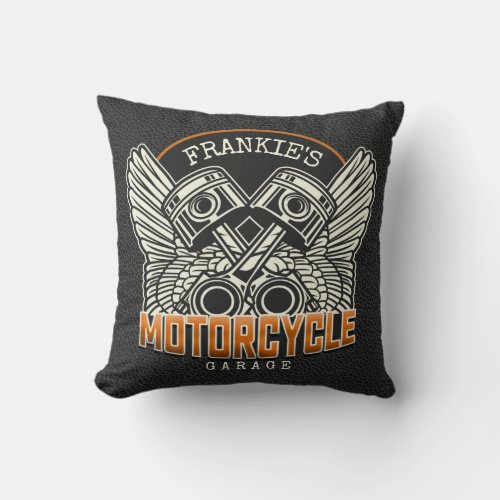 Custom NAME Pistons Wings Motorcycle Biker Garage Throw Pillow