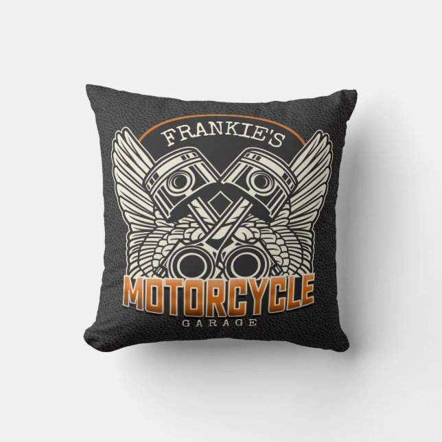 Custom NAME Pistons Wings Motorcycle Biker Garage Throw Pillow (Front)