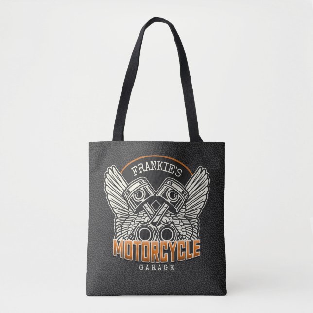 Custom NAME Pistons Wings Motorcycle Biker Garage Tote Bag (Front)