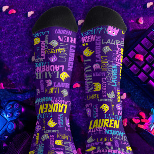 Custom name pixel gaming pink purple yellow girls socks