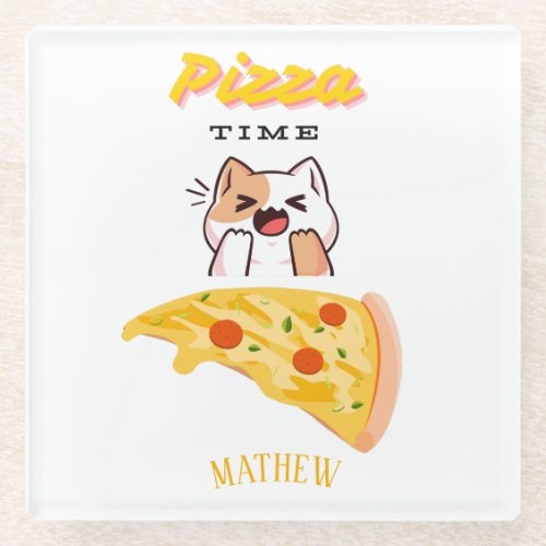 Custom Name Pizza Time Kitty Cat Glass Coaster