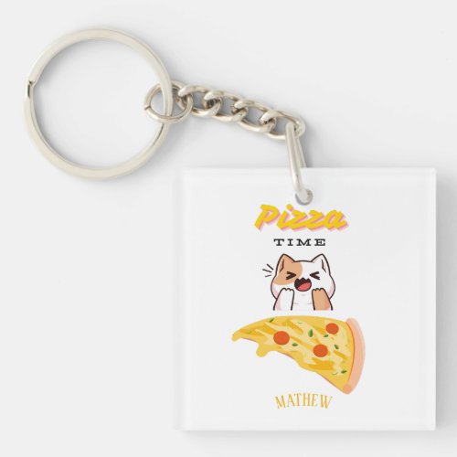 Custom Name Pizza Time Kitty Cat Keychain