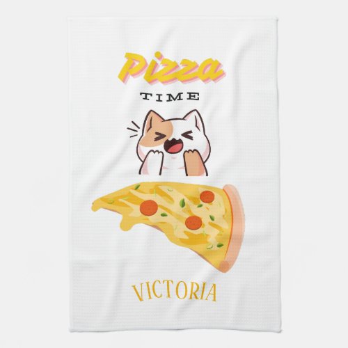 Custom Name Pizza Time Kitty Cat Kitchen Towel