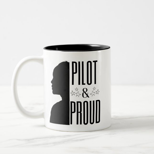 Custom Name Place Occupation Female Pilot & Proud Two-Tone Coffee Mug (Left)