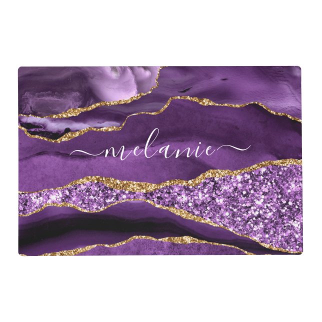 Custom Name Placemat Agate Purple Gold Glitter (Back)