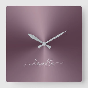Custom Name Plum Metallic Style Acrylic Square Wall Clock