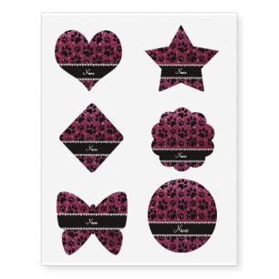 Custom name plum purple glitter black dog paws temporary tattoos