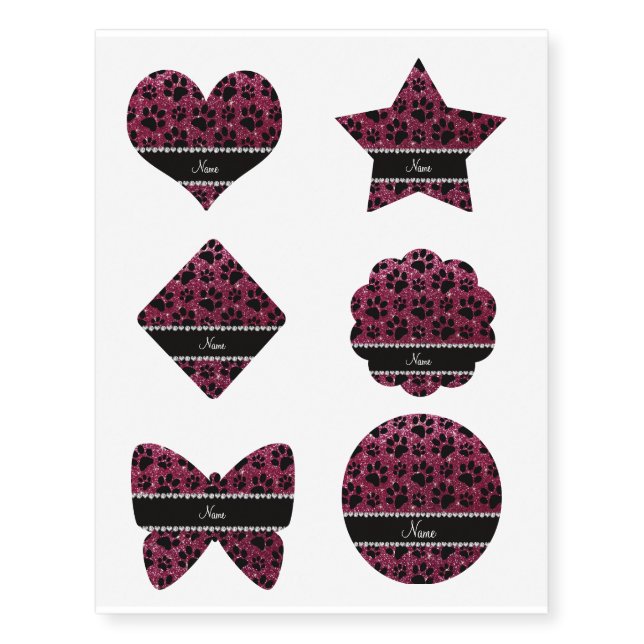 Custom name plum purple glitter black dog paws temporary tattoos (Front)