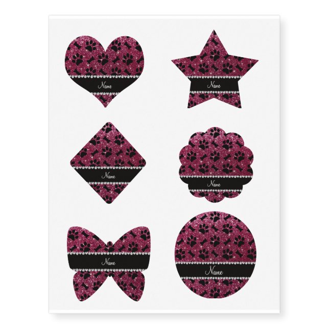 Custom name plum purple glitter bones dog paws temporary tattoos (Front)