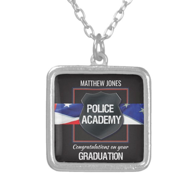 Custom Name, Police Academy Graduation Silver Plated Necklace (Front)