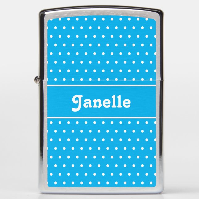 Custom Name Polka Dot Blue and White Zippo Lighter (Front)