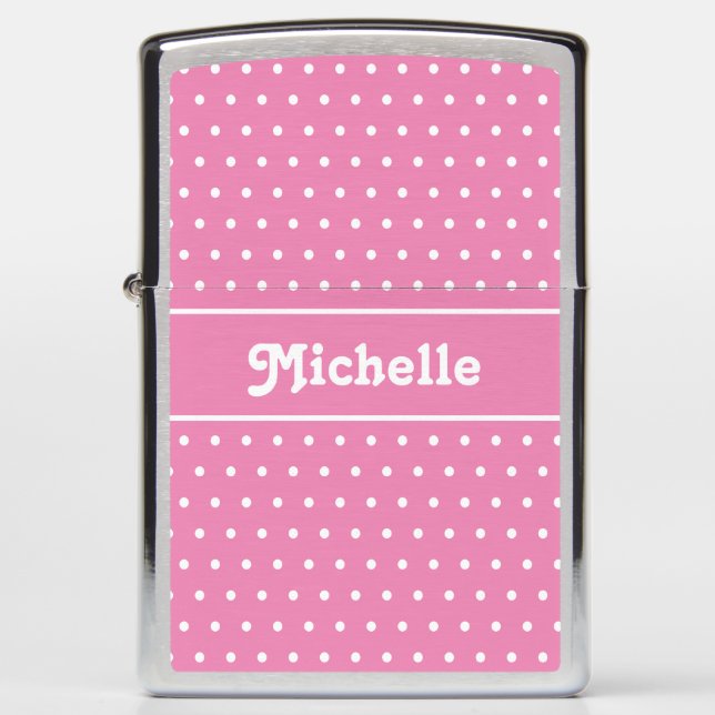 Custom Name Polka Dot Pink and White Zippo Lighter (Front)