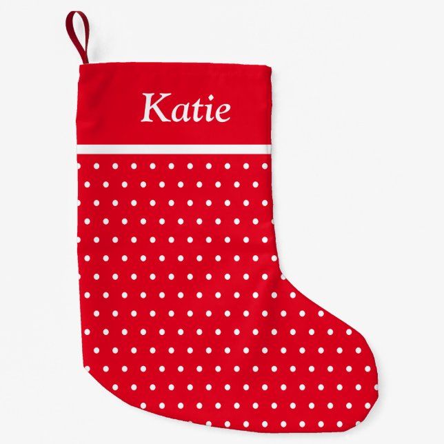 Custom Name Polka Dot Red and White Small Christmas Stocking (Front)