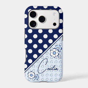 Custom Name Polka Dots Flowers And Hearts Blue iPhone 17 Pro Case