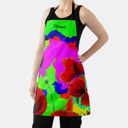 Custom Name Poppy Flowers Colorful Artsy Floral Apron