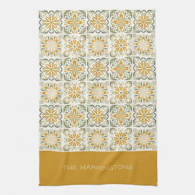 Custom Name Portugese Tiles Pattern Kitchen Towel (Vertical)