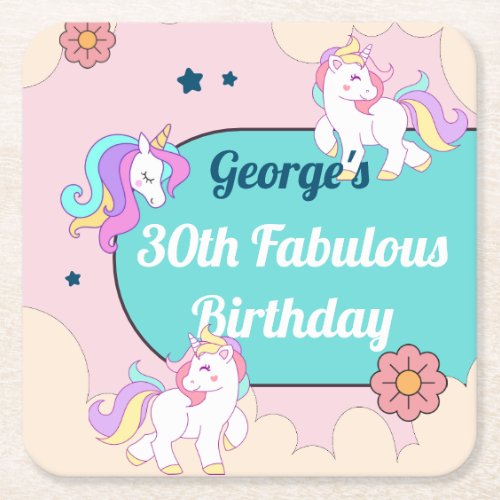Custom Name Prank Unicorn Birthday Party Square Paper Coaster