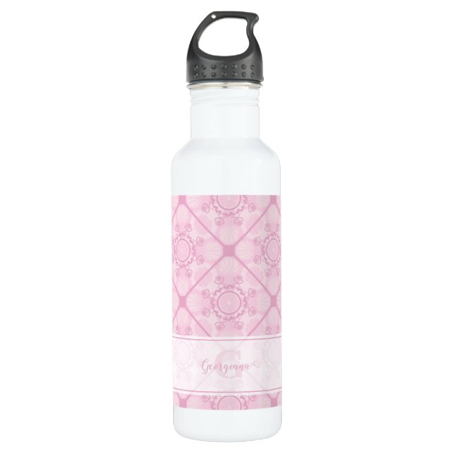 Custom Name Preppy In Pink Mandala Diamond Tiled Stainless Steel Water Bottle (Front)