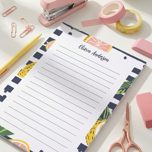 Custom Name Preppy Tropical Lemon Striped Notepad (Creator Uploaded)